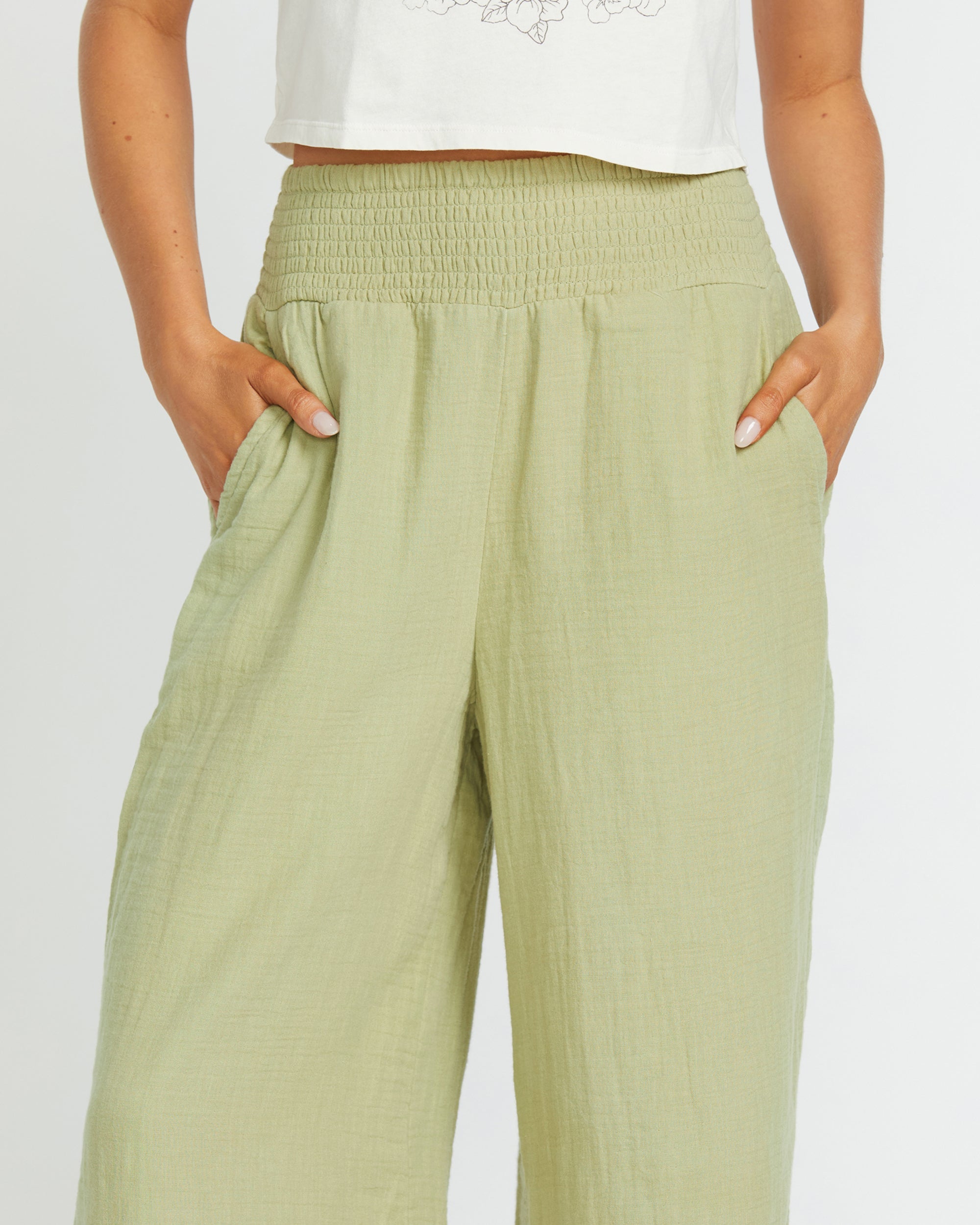 New Waves Gauze Elastic Waist Pants - Avocado - Image 5